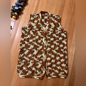 Hippie handmade crochet afghan sweater vest M 70’s L S orange green vintage fall